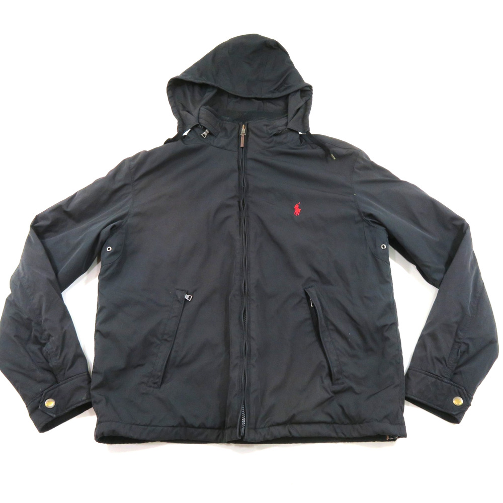 Polo Ralph Lauren Jacket Fleece Lined Hooded Zip Up Coat Black Red Sz L
